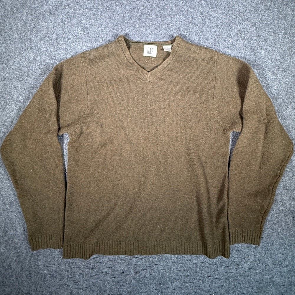 VTG 90s GAP Mens V‎ Neck Sweater 100% Lambswool Olive Green Size Medium